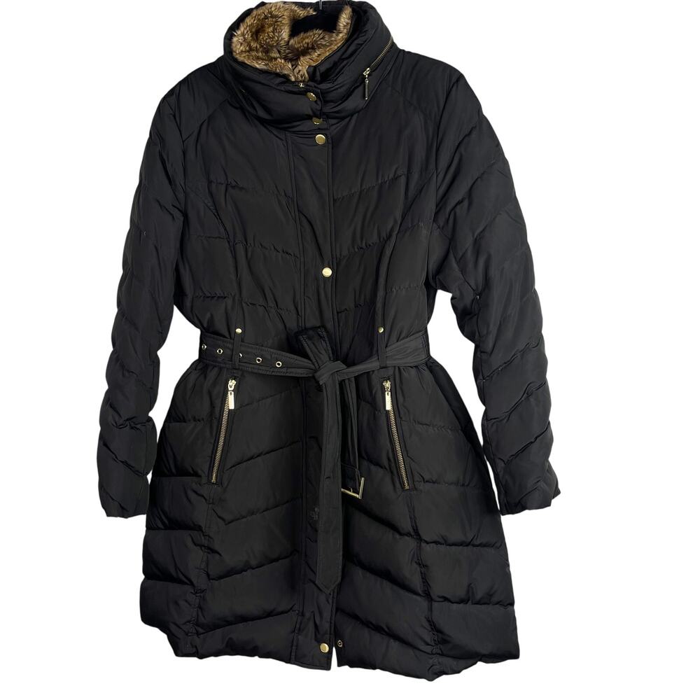 Cole Haan Womens XLarge XL Black Faux Fur Trim Down Puffer Jacket Quilted Belt